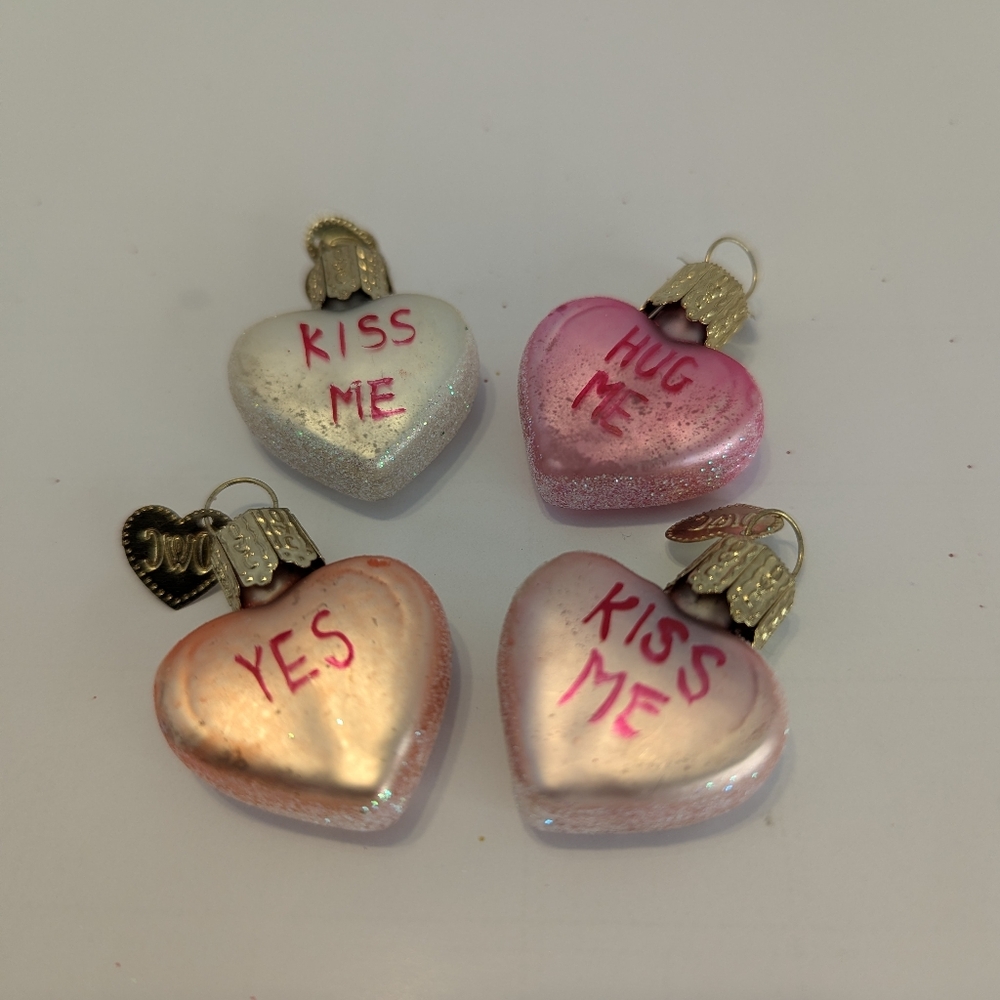 Vintage Lot of 4 OWC Old World Christmas Conversation Heart Mini Glass Ornaments